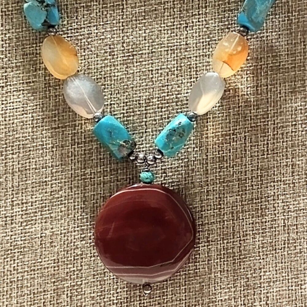 Multi Color Agate and Turquoise Beaded Pendant Necklace *